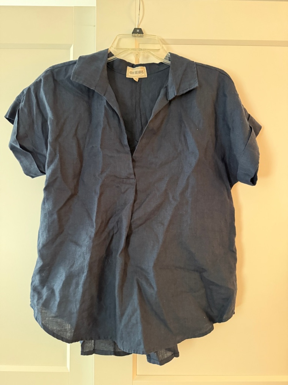 4our Dreamers Navy Linen Top with split back detail sz XS Vacation Summer